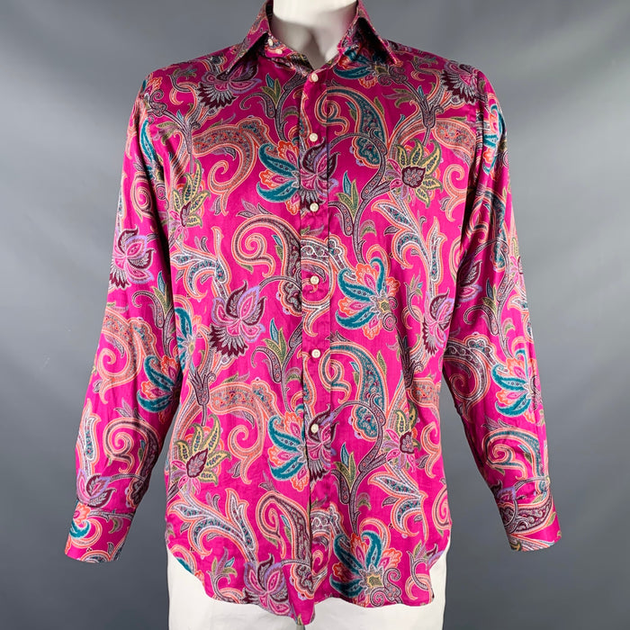 ETRO Size L Magenta Multi Color Paisley Cotton Button Up Long Sleeve Shirt