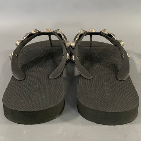BALENCIAGA Size 11 Black Silver Studded Flip flops Sandals
