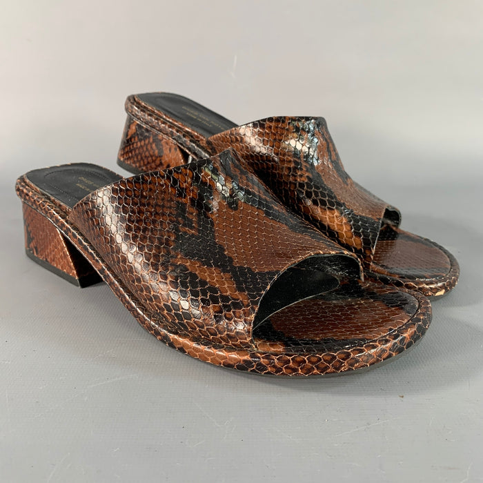 DRIES VAN NOTEN Size 8 Brown Black Snake Embossed Leather Open Toe Sandals