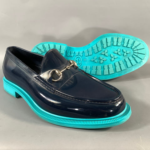GUCCI 2016 Size 8 Navy Turqoise Rubber Horsebit Loafers