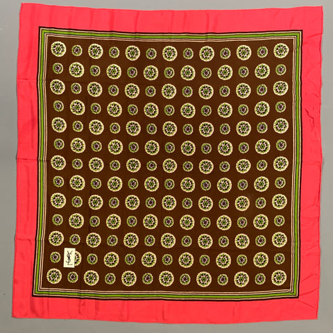 YVES SAINT LAURENT Brown Red Geometric Silk Blend Scarf