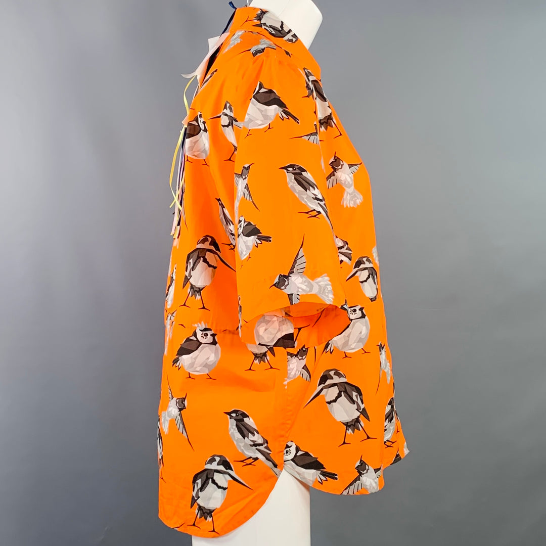 MSGM Size M Orange Black White Cotton Birds One Pocket Short Sleeve Shirt