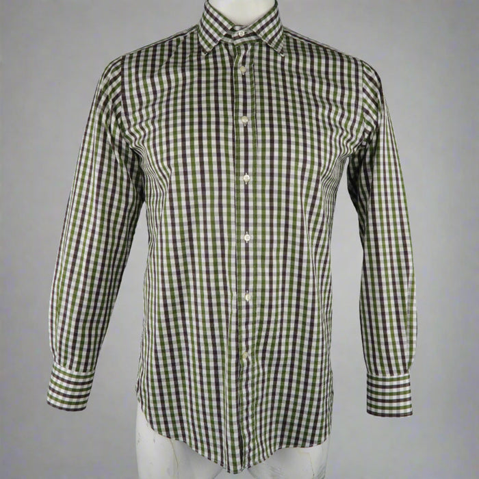 ETRO Size S White & Green Checkered Cotton Button Up Long Sleeve Shirt