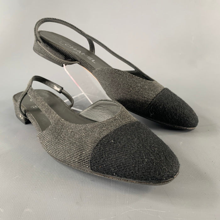 CHANEL Size 8.5 Charcoal Navy Wool Leather Trim Classic Flats
