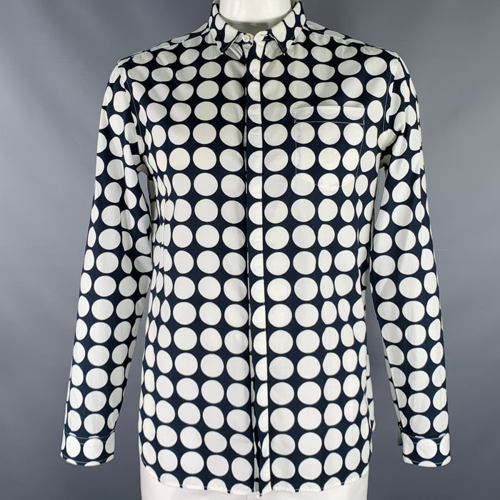 PIERRE BALMAIN Size L Navy White Polka Dot Cotton Long Sleeve Shirt