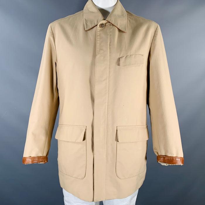 BRIONI Size XL Khaki Cotton Silk Zip Buttons Storm System Coat