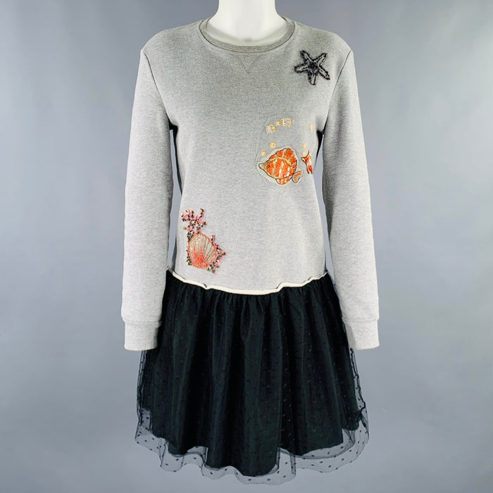 RED VALENTINO Size XS Grey Black Cotton Embroidered Sweatshirt Dress