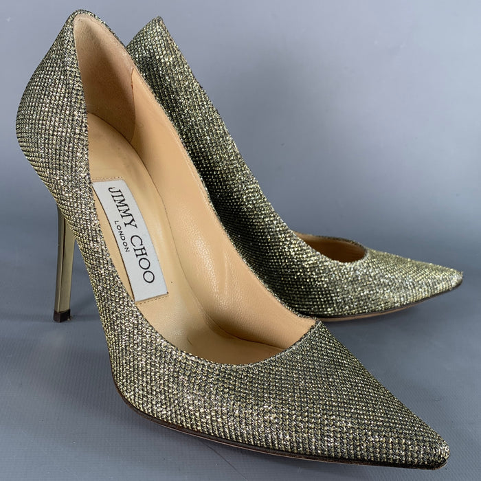 JIMMY CHOO Size 4 Gold Glitter Pointed Toe Stiletto Pumps