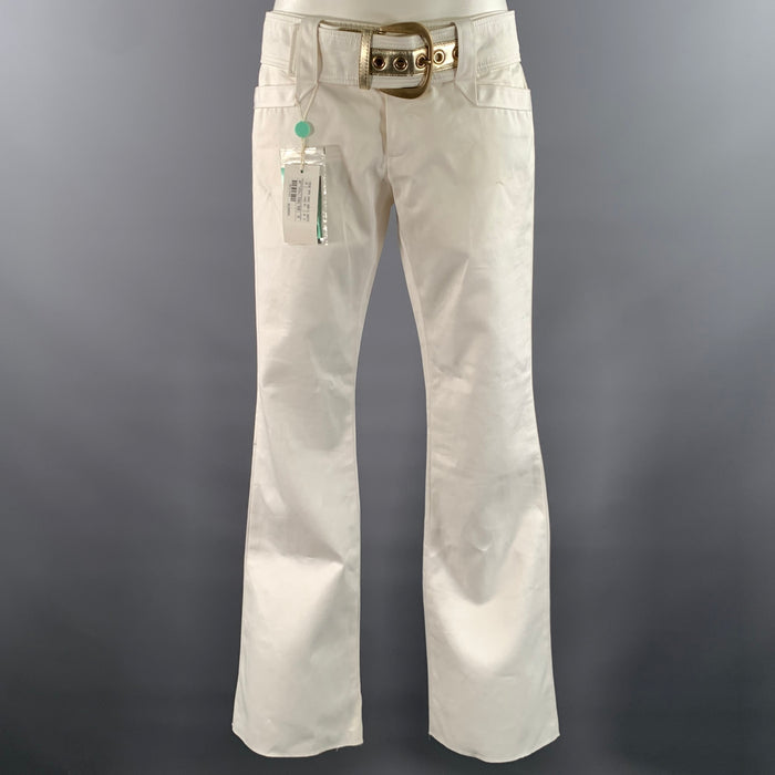 GUCCI Size 6 White Gold Cotton Flared Belted Pants