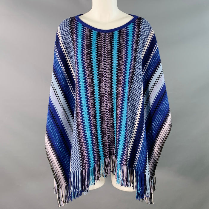 MISSONI Size S Blue Multi Color Wool Blend Geometric Fringed Poncho Cape