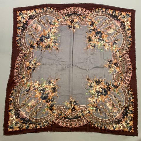 NO BRAND Burgundy Grey Floral Wool & Silk Shawl