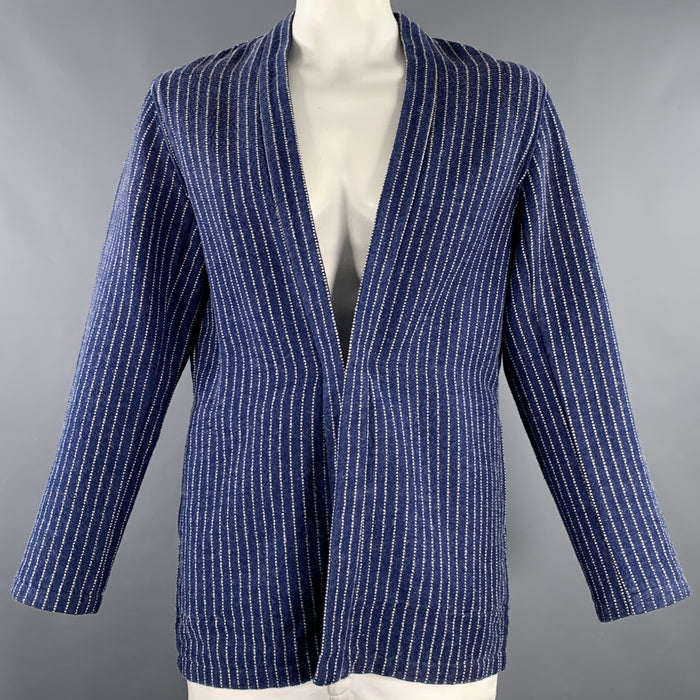KAPITAL Size XL Indigo White Stripe Wool Blend Open Front Jacket