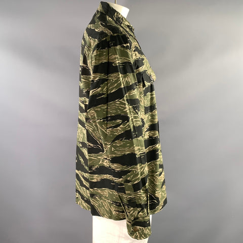 DOLCE & GABBANA Size 44 Green Black Camo Cotton Blend Long Sleeve Shirt