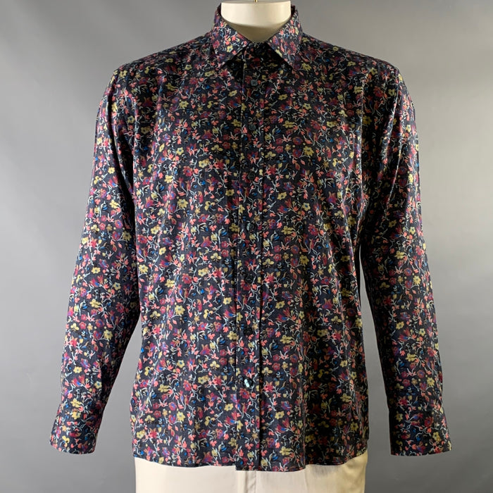 ETRO Size XL Navy Floral Cotton Button Down Long Sleeve Shirt