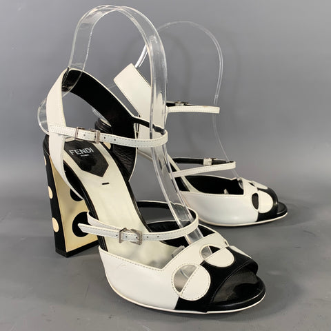 FENDI Size 6 Black White Leather Polka Dot Sandals