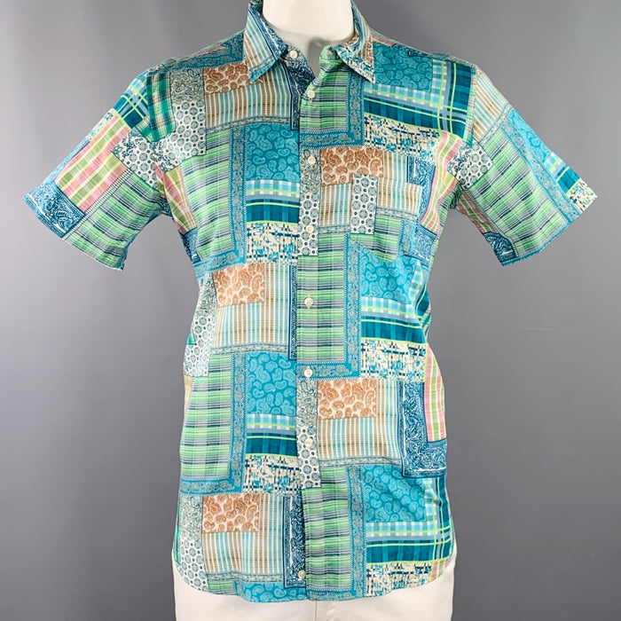 ETRO Size XL Blue Green Patchwork Paisley Cotton One Pocket Short Sleeve Shirt