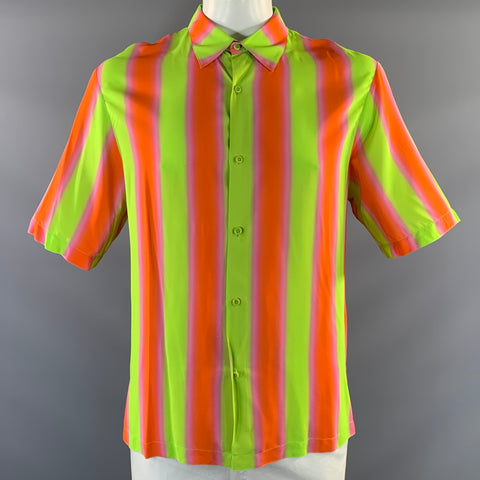 SANDRO SS2020 Size XXL Green Orange & Pink Stripe Viscose Button Up Short Sleeve Shirt
