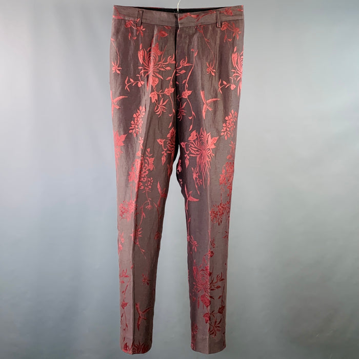 HAIDER ACKERMANN Size 32 Brown Red Jacquard Linen Silk Cropped Casual Pants