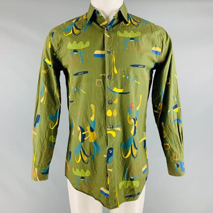 SALVATORE FERRAGAMO Size S Green Multicolour Abstract Long Sleeve Shirt