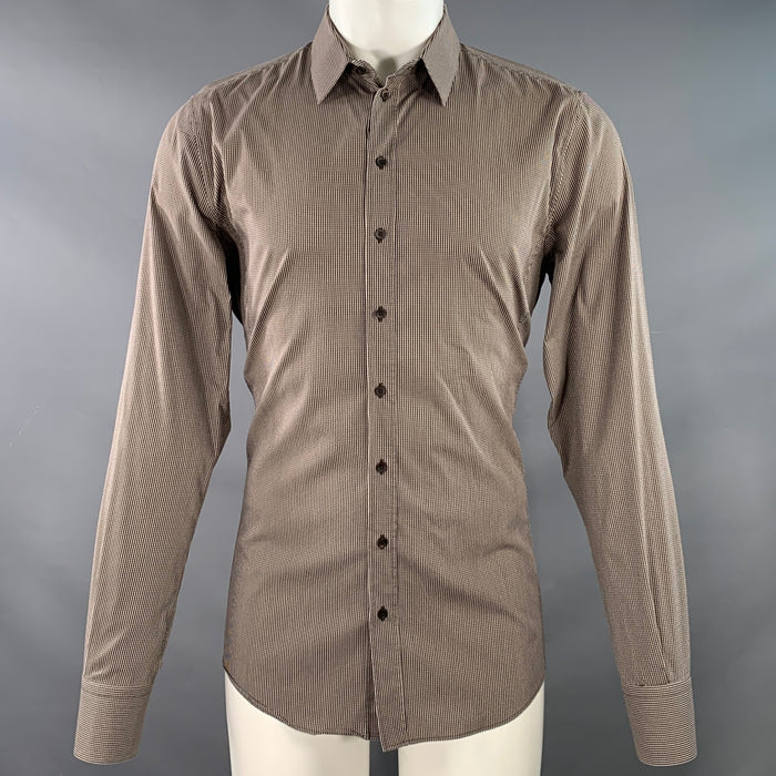 DOLCE & GABBANA Size L Brown White Gingham Cotton Blend Spread Collar Long Sleeve Shirt