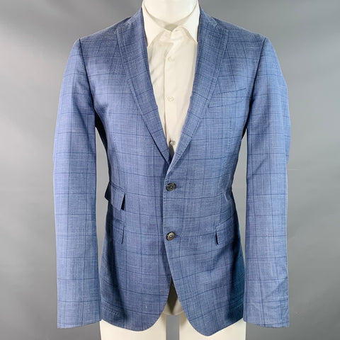 HUGO BOSS Size 40 Blue Black Window Pane Silk Linen Tailored Fit Sport Coat