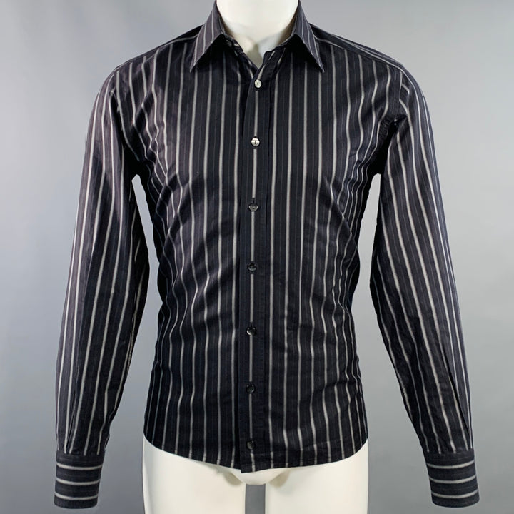 DOLCE & GABBANA Size S Black Grey Stripe Cotton Curved Cutaway Long Sleeve Shirt
