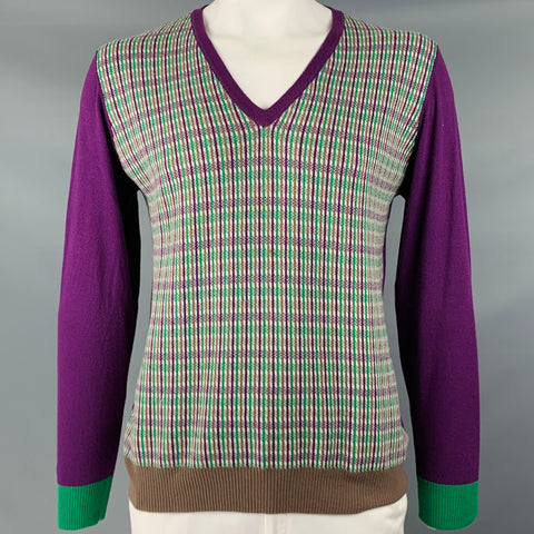 ETRO Size XL Purple Green Knit Cotton Cashmere V-Neck Pullover