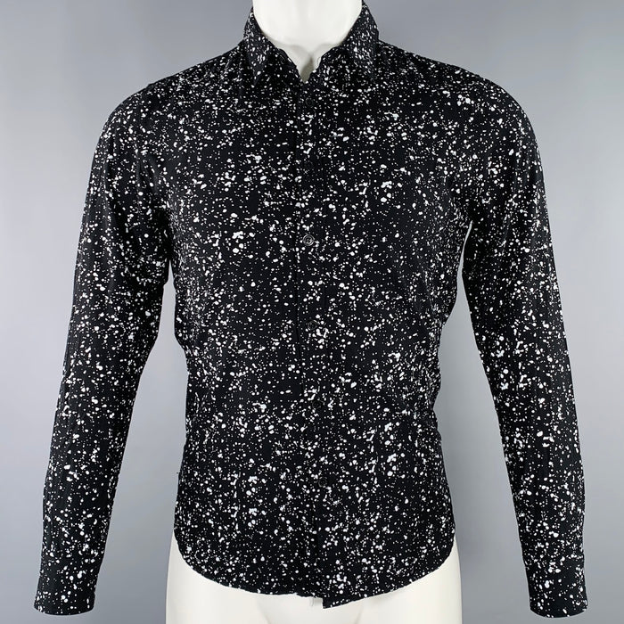 SAINT LAURENT Size S Black White Paint Splatter Cotton Long Sleeve Shirt