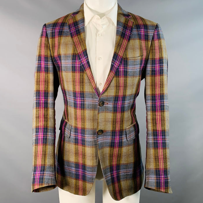 ETRO Size 40 Multi Color Plaid Linen Blend Notch Lapel Sport Coat