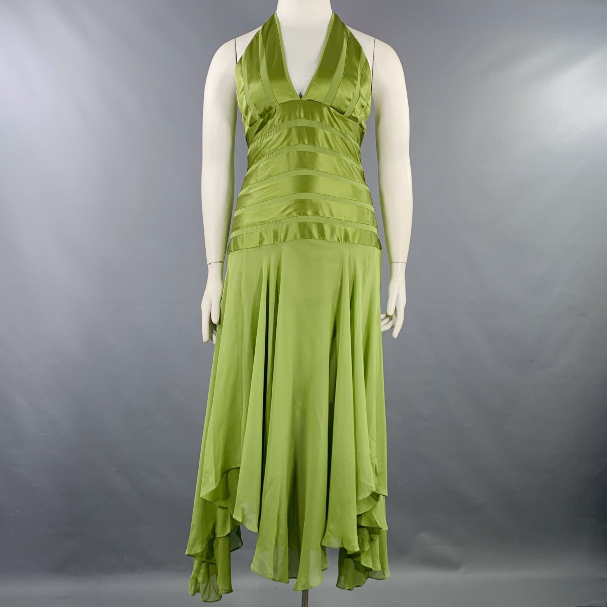 BCBG Size 12 Green Silk Mixed Fabrics Halter Mid Calf Dress – Sui Generis Designer Consignment