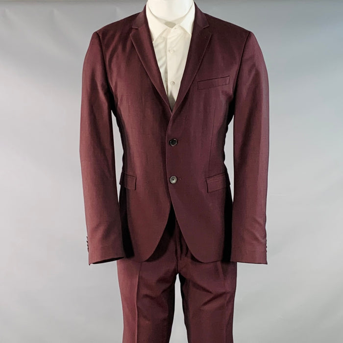 HUGO BOSS Size 40 Burgundy Virgin Wool Mohair Single Breasted Notch Lapel Suit