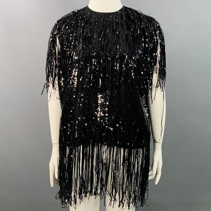 MSGM Size XL Black Polyester Sequined Sleeveless Fringe Dress Top