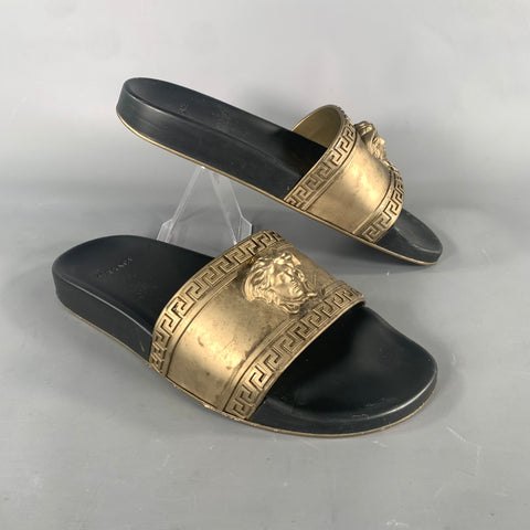 VERSACE Size 9 Gold Black Greca Rubber Slide Sandals
