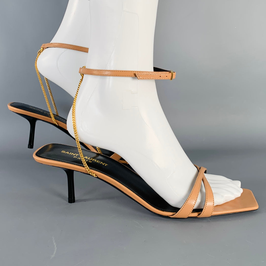 SAINT LAURENT Size 10 Melody Tan Leather Chain Ankle Strap Kitten Heel Sandals