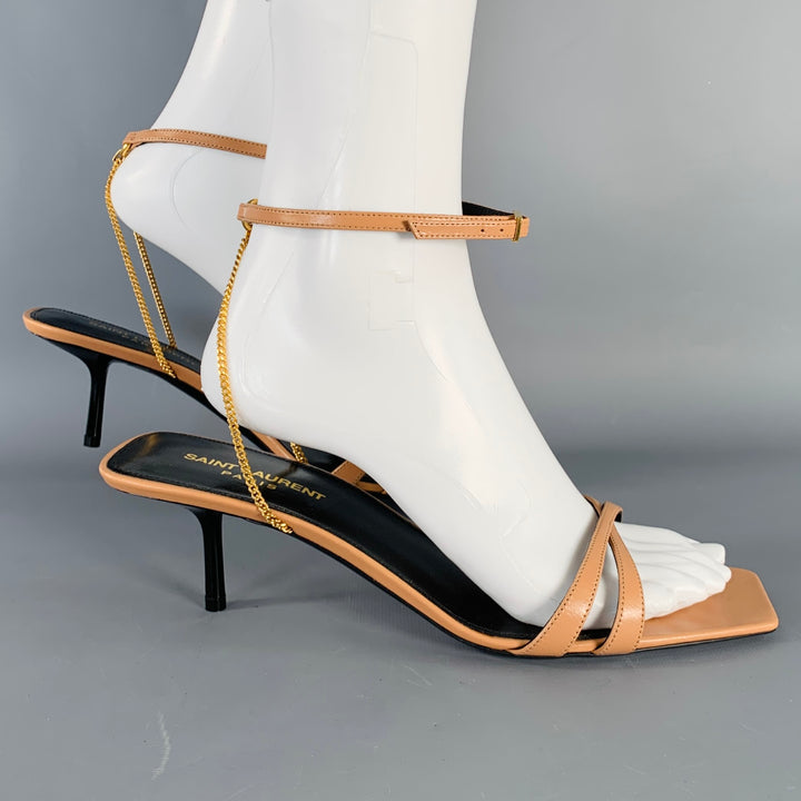 SAINT LAURENT Size 10 Melody Tan Leather Chain Ankle Strap Kitten Heel Sandals