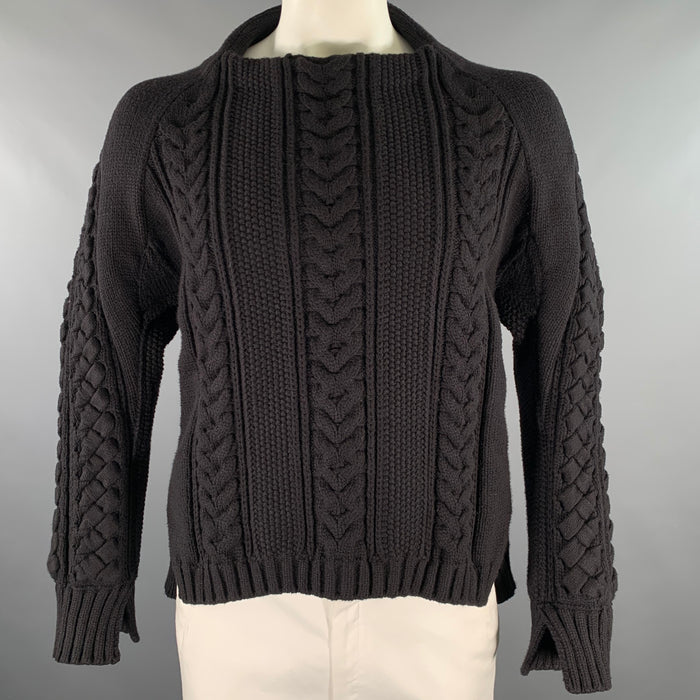 BURBERRY Size L Black Cable Knit Cotton Polyester Raglan Sweater