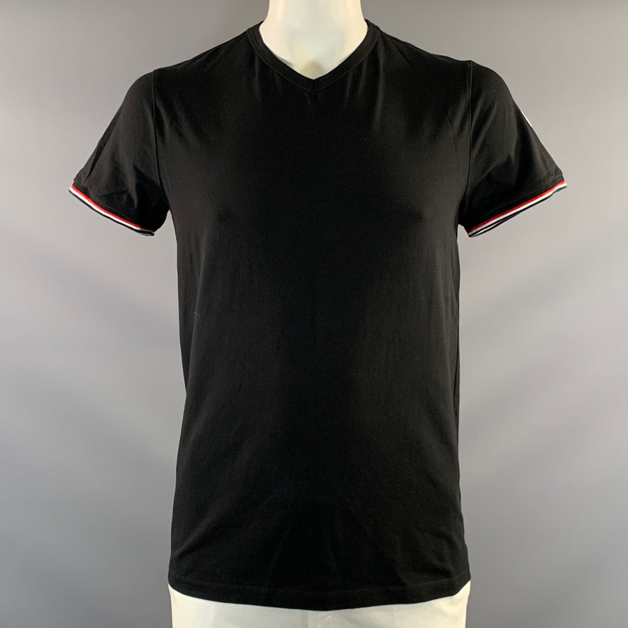 MONCLER Size L Black Cotton Blend V Neck T Shirt