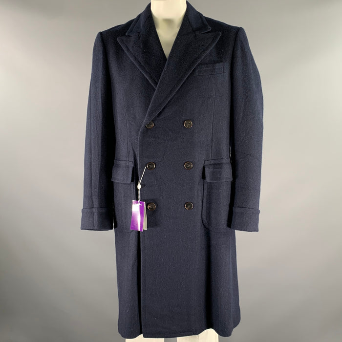 RALPH LAUREN Size 44 Navy Herringbone Wool Overcoat Coat