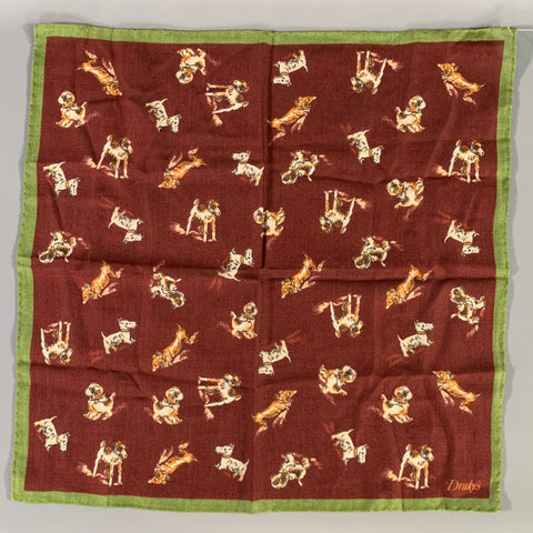 NO BRAND Burgundy Green Dogs Wool Pocket Square
