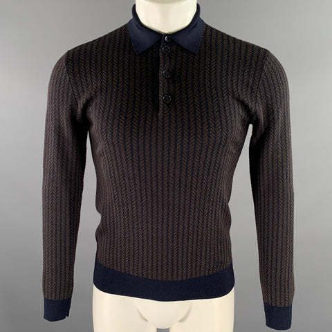 EMPORIO ARMANI Size S Brown Navy Herringbone Wool Blend Polo Sweater