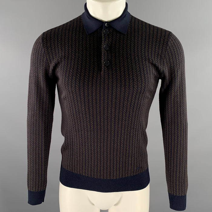 EMPORIO ARMANI Size S Brown Navy Herringbone Wool Blend Polo Sweater