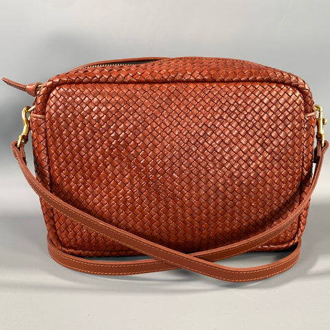 CLARE V. Brown Cognac Woven Leather Cross Body Bag
