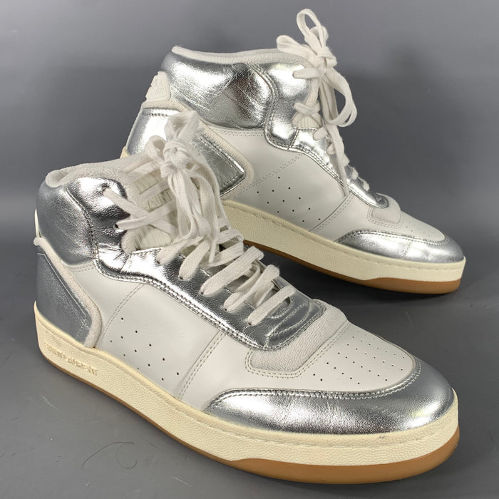 SAINT LAURENT Size 12 White Silver Color Block Leather High Top Sneakers