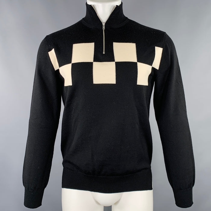 MARNI Size S Black Cream Checkered Wool 1/4 Zip Pullover