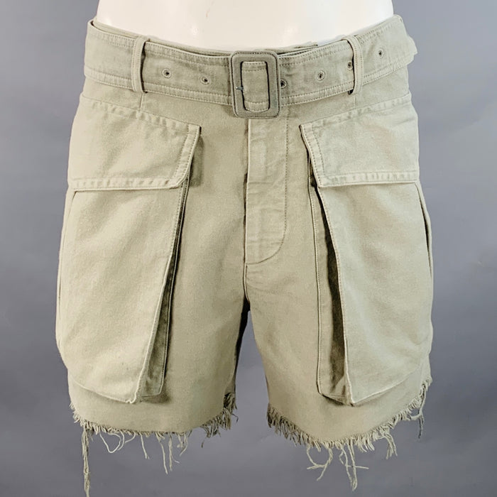 DRIES VAN NOTEN Size 34 Green Distressed Cotton Large Pockets Belted Shorts