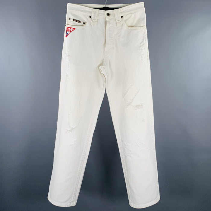 D&G by DOLCE & GABBANA Size 30 White Distressed Cotton Blend Wide Leg Jeans