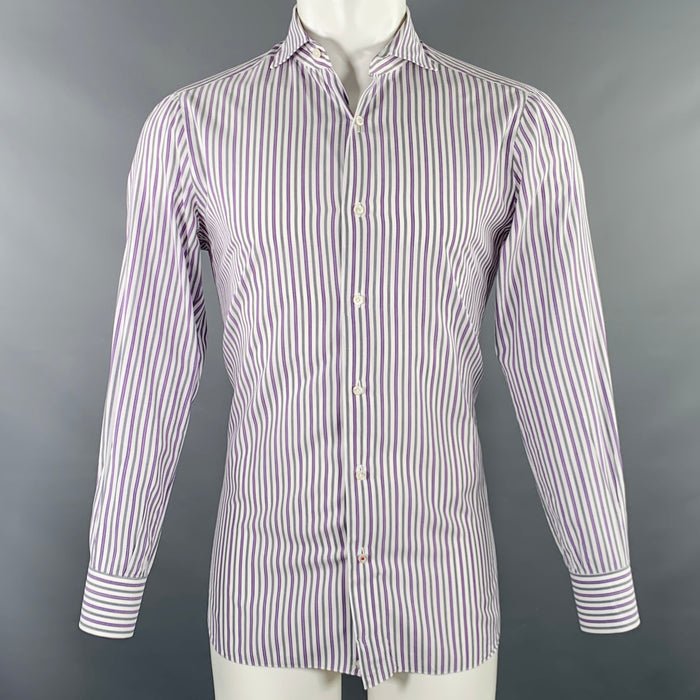 ISAIA Size M Purple White Grey Stripe Cotton Spread Collar Long Sleeve Shirt