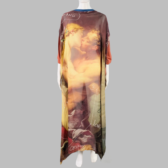 VIVIENNE WESTWOOD Size S Kiss Swing Brown Yellow Viscose Oversized Short Sleeve T-Shirt Dress