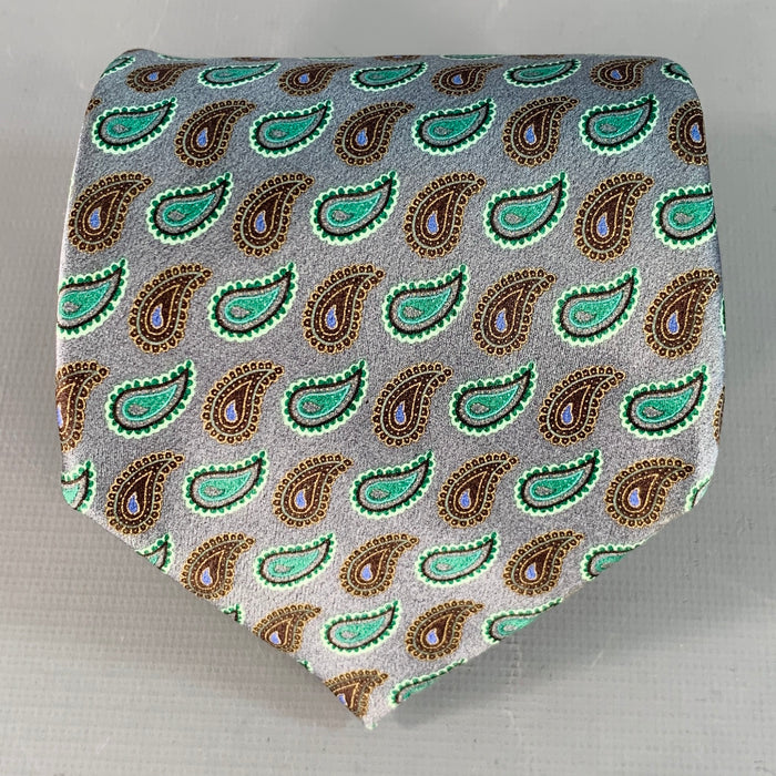 ERMENEGILDO ZEGNA Grey Green Paisley Silk Tie