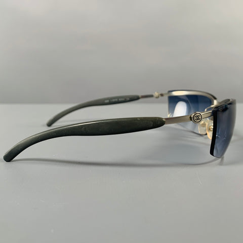 CHANEL Grey Silver Acetate Metal Wrap Around Sunglasses